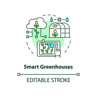 Smart greenhouses concept icon. IoT agriculture abstract idea thin line illustration. Growing process automation. Isolated outline drawing. Editable stroke. Roboto-Medium, Myriad Pro-Bold fonts used