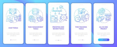 Business productivity tools blue gradient onboarding mobile app screen. Walkthrough 5 steps graphic instructions pages with linear concepts. UI, UX, GUI template. Myriad Pro-Bold, Regular fonts used