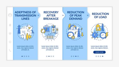 Applications of smart grid blue and white onboarding template. Electric power. Responsive mobile website with linear concept icons. Web page walkthrough 4 step screens. Lato-Bold, Regular fonts used