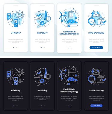 Smart grid features night and day mode onboarding mobile app screen. Tech walkthrough 4 steps graphic instructions pages with linear concepts. UI, UX, GUI template. Myriad Pro-Bold, Regular fonts used