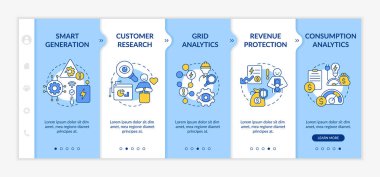 Possibilities of smart grid blue and white onboarding template. Network set. Responsive mobile website with linear concept icons. Web page walkthrough 5 step screens. Lato-Bold, Regular fonts used