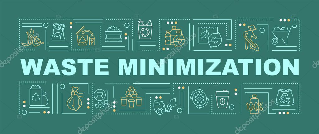 Waste minimization word concepts green banner. Reuse and recycle. Infographics with linear icons on background. Isolated typography. Vector color illustration with text. Arial-Black font used