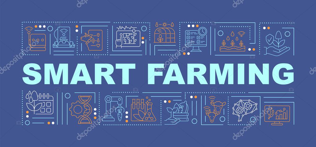 Smart farming innovations word concepts blue banner. IoT technology. Infographics with linear icons on background. Isolated typography. Vector color illustration with text. Arial-Black font used