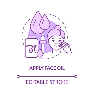 Apply face oil purple concept icon. Cosmetic product for skincare routine abstract idea thin line illustration. Isolated outline drawing. Editable stroke. Roboto-Medium, Myriad Pro-Bold fonts used