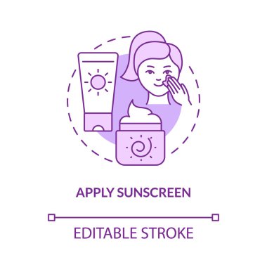 Apply sunscreen purple concept icon. Skin protection against ultraviolet abstract idea thin line illustration. Isolated outline drawing. Editable stroke. Roboto-Medium, Myriad Pro-Bold fonts used