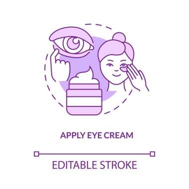 Apply eye cream purple concept icon. Dark circle removal. Skincare routine abstract idea thin line illustration. Isolated outline drawing. Editable stroke. Roboto-Medium, Myriad Pro-Bold fonts used