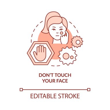 Dont touch your face terracotta concept icon. Avoid bacteria spreading abstract idea thin line illustration. Isolated outline drawing. Editable stroke. Roboto-Medium, Myriad Pro-Bold fonts used