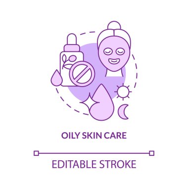 Oily skin care purple concept icon. Everyday routine procedures abstract idea thin line illustration. Isolated outline drawing. Editable stroke. Roboto-Medium, Myriad Pro-Bold fonts used
