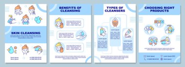 Skin cleansing blue brochure template. Skincare routine. Booklet print design with linear icons. Vector layouts for presentation, annual reports, ads. Arial-Black, Myriad Pro-Regular fonts used