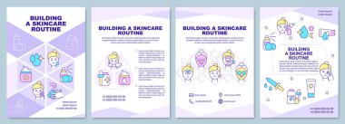 Building skincare routine purple brochure template. Booklet print design with linear icons. Vector layouts for presentation, annual reports, ads. Arial-Black, Myriad Pro-Regular fonts used