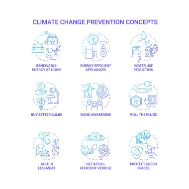 Climate change prevention blue gradient concept icons set. Avoid global warming idea thin line color illustrations. Isolated outline drawings. Roboto-Medium, Myriad Pro-Bold fonts use