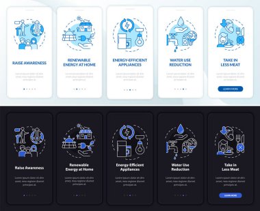 Preventing climate changes night, day mode onboarding mobile app screen. Walkthrough 5 steps graphic instructions pages with linear concepts. UI, UX, GUI template. Myriad Pro-Bold, Regular fonts used