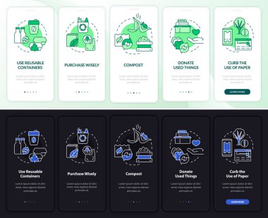 How to minimize waste night and day mode onboarding mobile app screen. Walkthrough 5 steps graphic instructions pages with linear concepts. UI, UX, GUI template. Myriad Pro-Bold, Regular fonts used