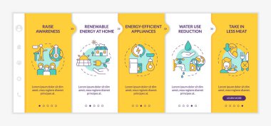 Preventing climate change yellow onboarding template. Save energy and water. Responsive mobile website with linear concept icons. Web page walkthrough 5 step screens. Lato-Bold, Regular fonts used