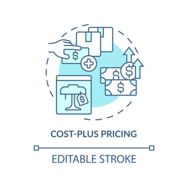 Cost-plus pricing turquoise concept icon. Adding profit percentage abstract idea thin line illustration. Isolated outline drawing. Editable stroke. Roboto-Medium, Myriad Pro-Bold fonts used