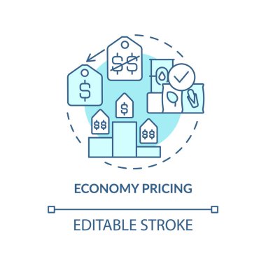 Economy pricing turquoise concept icon. Selling product at lower price abstract idea thin line illustration. Isolated outline drawing. Editable stroke. Roboto-Medium, Myriad Pro-Bold fonts used