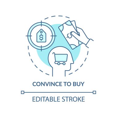 Convince to buy turquoise concept icon. Attracting potential customers abstract idea thin line illustration. Isolated outline drawing. Editable stroke. Roboto-Medium, Myriad Pro-Bold fonts used