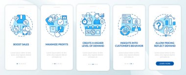 Dynamic pricing benefits blue onboarding mobile app screen. High demand walkthrough 5 steps graphic instructions pages with linear concepts. UI, UX, GUI template. Myriad Pro-Bold, Regular fonts used