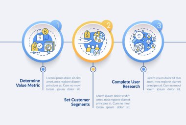 Strateji çemberi bilgi şablonu oluşturuluyor. Müşteri segmentleri. Veri görselleştirmesi 3 adımda. İşlem zaman çizelgesi bilgi şeması. Satır simgeleriyle çalışma akışı düzeni. Kullanılan Lato Kalın, Düzenli yazı tipleri