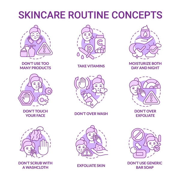 Skincare Ρουτίνας Μωβ Εικονίδια Έννοια Που Καλλυντική Επέμβαση Προσώπου Ομορφιά — Διανυσματικό Αρχείο
