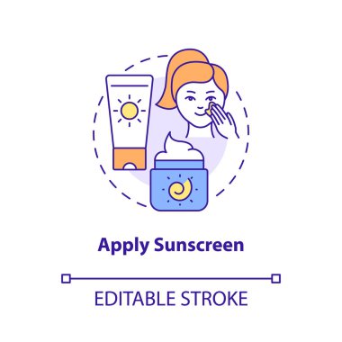 Apply sunscreen concept icon. Protect skin from ultraviolet. Skincare routine abstract idea thin line illustration. Isolated outline drawing. Editable stroke. Roboto-Medium, Myriad Pro-Bold fonts used