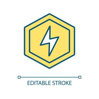 Electricity RGB color icon. Flash lightning. Thunderstorm. Power and energy symbol. Electric current. Isolated vector illustration. Simple filled line drawing. Editable stroke. Arial font used