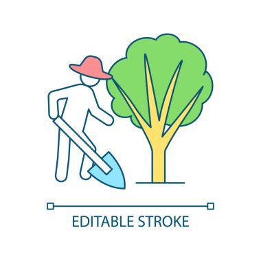 Plant trees RGB color icon. Save nature and forests. Prevent global warming. Gardener horticulturist. Isolated vector illustration. Simple filled line drawing. Editable stroke. Arial font used