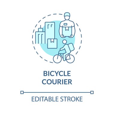 Bicycle courier turquoise concept icon. Eco friendly. Delivery business abstract idea thin line illustration. Isolated outline drawing. Editable stroke. Roboto-Medium, Myriad Pro-Bold fonts used
