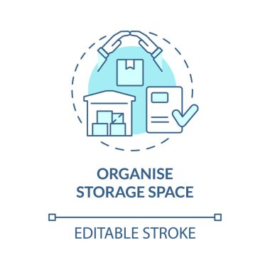Organise storage space turquoise concept icon. Warehouse for delivery abstract idea thin line illustration. Isolated outline drawing. Editable stroke. Roboto-Medium, Myriad Pro-Bold fonts used