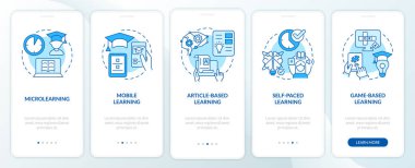 Elearning methods blue onboarding mobile app screen. Digital education walkthrough 5 steps graphic instructions pages with linear concepts. UI, UX, GUI template. Myriad Pro-Bold, Regular fonts used