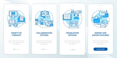 Elearning platforms features blue onboarding mobile app screen. Walkthrough 4 steps graphic instructions pages with linear concepts. UI, UX, GUI template. Myriad Pro-Bold, Regular fonts used