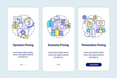 General pricing strategies onboarding mobile app screen. Economy, dynamic walkthrough 3 steps graphic instructions pages with linear concepts. UI, UX, GUI template. Myriad Pro-Bold, Regular fonts used