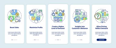 Dynamic pricing advantages onboarding mobile app screen. Boost sales walkthrough 5 steps graphic instructions pages with linear concepts. UI, UX, GUI template. Myriad Pro-Bold, Regular fonts used
