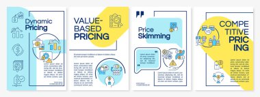 Pricing strategy types blue and yellow brochure template. Booklet print design with linear icons. Vector layouts for presentation, annual reports, ads. Questrial, Lato-Regular fonts used