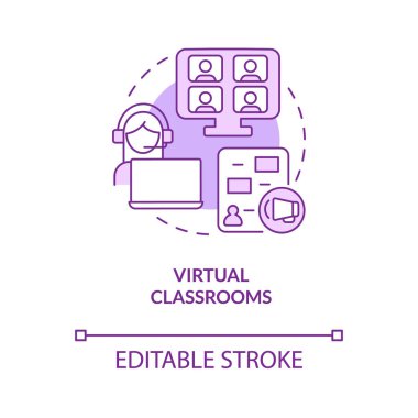 Virtual classroom purple concept icon. Video conference. Electronic learning abstract idea thin line illustration. Isolated outline drawing. Editable stroke. Roboto-Medium, Myriad Pro-Bold fonts used