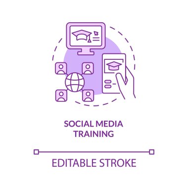 Social media training purple concept icon. Corporate learning online abstract idea thin line illustration. Isolated outline drawing. Editable stroke. Roboto-Medium, Myriad Pro-Bold fonts used