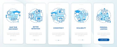 Advantages of elearning blue onboarding mobile app screen. Walkthrough 5 steps graphic instructions pages with linear concepts. UI, UX, GUI template. Myriad Pro-Bold, Regular fonts used