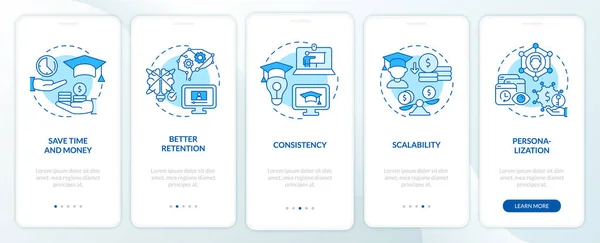 Keuntungan Dari Elearning Biru Onboarding Layar Aplikasi Mobile Walkthrough Langkah - Stok Vektor