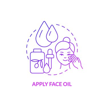 Apply face oil purple gradient concept icon. Cosmetic product. Skincare routine procedure abstract idea thin line illustration. Isolated outline drawing. Roboto-Medium, Myriad Pro-Bold fonts used