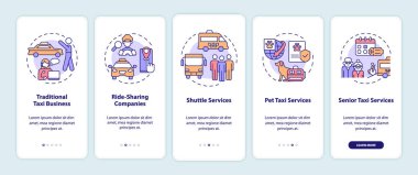 Taxi business types onboarding mobile app screen. Shipment walkthrough 5 steps graphic instructions pages with linear concepts. UI, UX, GUI template. Myriad Pro-Bold, Regular fonts used