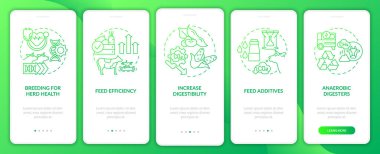 Animal agriculture green gradient onboarding mobile app screen. Walkthrough 5 steps graphic instructions pages with linear concepts. UI, UX, GUI template. Myriad Pro-Bold, Regular fonts used