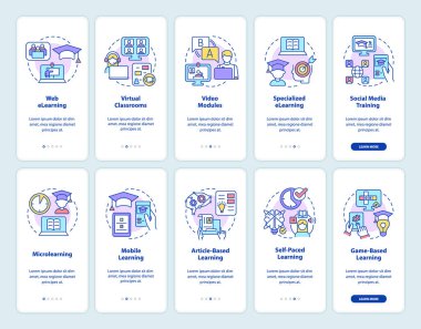 Elektronik öğrenme mobil uygulama ekranında. Çizgisel kavramları olan, 5 adımlık grafik talimat sayfalarının türleri. UI, UX, GUI şablonu. Kullanılan sayısız Pro-Kalın, Düzenli yazı tipleri
