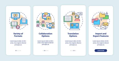 Elearning platforms features onboarding mobile app screen. Walkthrough 4 steps graphic instructions pages with linear concepts. UI, UX, GUI template. Myriad Pro-Bold, Regular fonts used