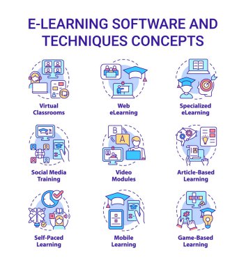 Eğitim platformu ve teknik konsept simgeleri ayarlandı. Çevrimiçi eğitim fikri ince çizgi renk çizimleri. İzole ana hatlı çizimler. Düzenlenebilir felç. Kullanılan Roboto-Orta, Myriad Pro-Kalın yazı tipleri