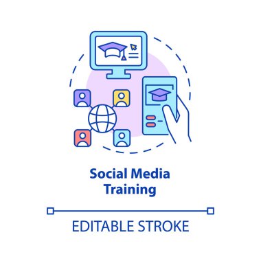 Social media training concept icon. Corporate learning online abstract idea thin line illustration. Isolated outline drawing. Editable stroke. Roboto-Medium, Myriad Pro-Bold fonts used