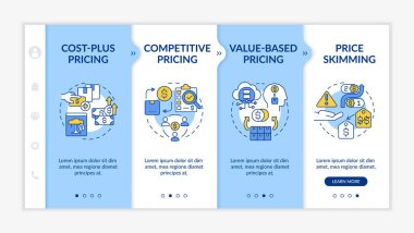Pricing strategies blue and white onboarding template. Competitive method. Responsive mobile website with linear concept icons. Web page walkthrough 4 step screens. Lato-Bold, Regular fonts used