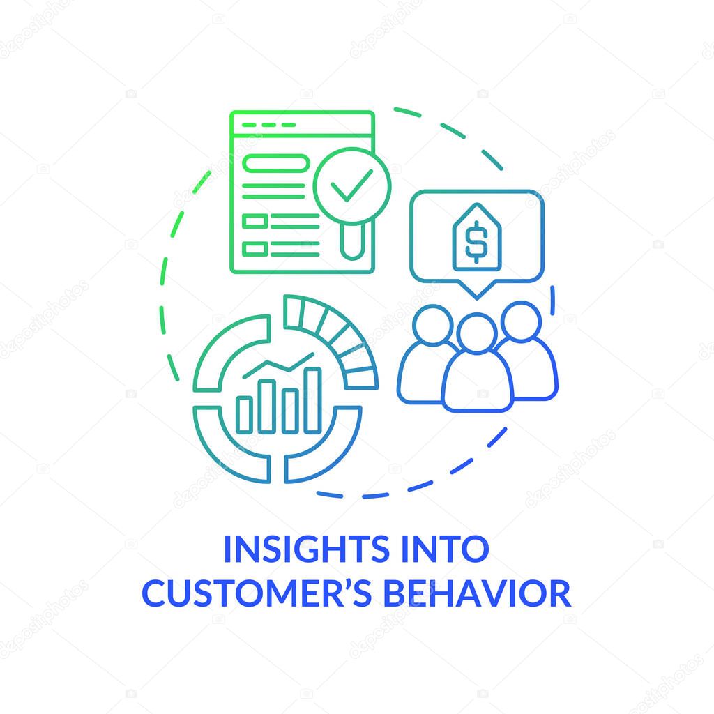 Insights into customer behavior green blue gradient concept icon. Evaluate behavioural pattern abstract idea thin line illustration. Isolated outline drawing. Roboto-Medium, Myriad Pro-Bold fonts used