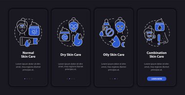 Skin types care night mode onboarding mobile app screen. Beauty routine walkthrough 4 steps graphic instructions pages with linear concepts. UI, UX, GUI template. Myriad Pro-Bold, Regular fonts used