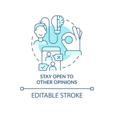 Stay open to other opinions turquoise concept icon. Open minded partnership abstract idea thin line illustration. Isolated outline drawing. Editable stroke. Roboto-Medium, Myriad Pro-Bold fonts used