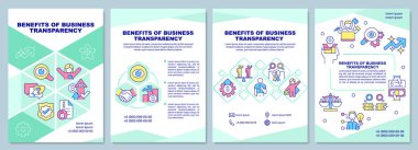 Benefits of business transparency green brochure template. Booklet print design with linear icons. Vector layouts for presentation, annual reports, ads. Arial-Black, Myriad Pro-Regular fonts used